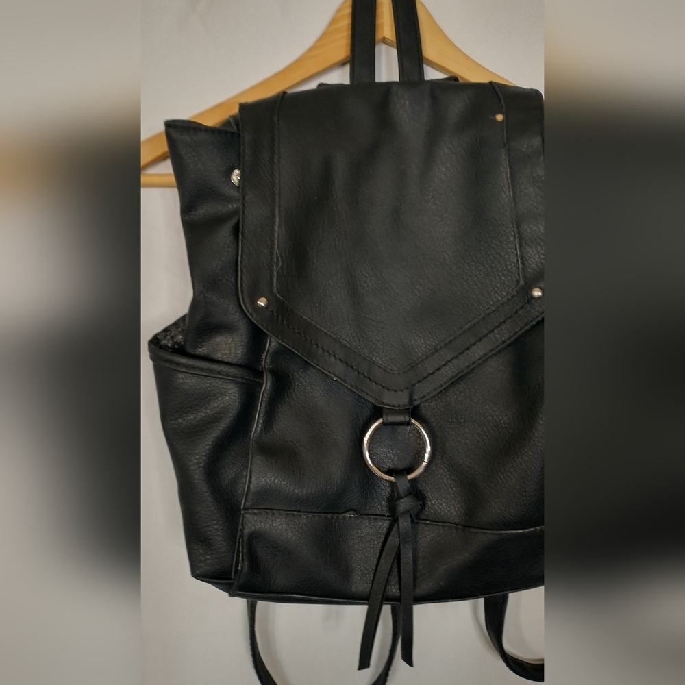 American Eagle Black Boho Bohemian Faux Leather Backpack - Picture 2 of 5